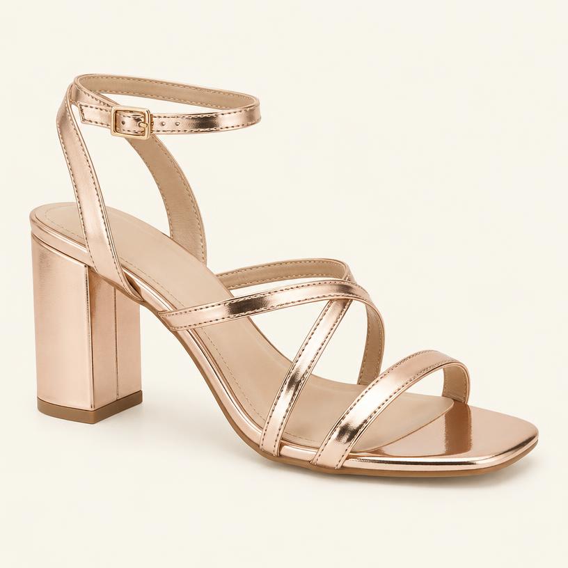 Sandália Salto Bloco Rose Gold Bella